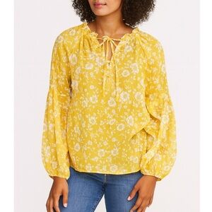 A Love Story Bright mustard yellow with white floral boxy semi sheer SZ small